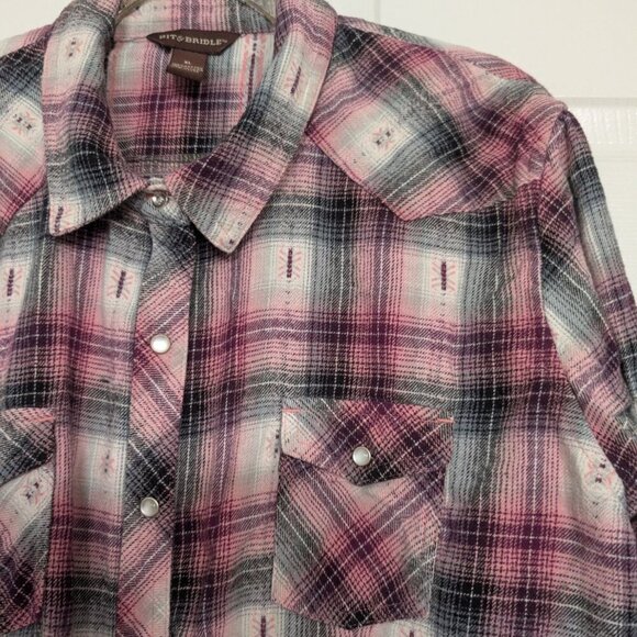Bit & Bridle Pearl Snap Shirt Womens Size XL Pink Cotton Western Ranch Flannel - Picture 3 of 9